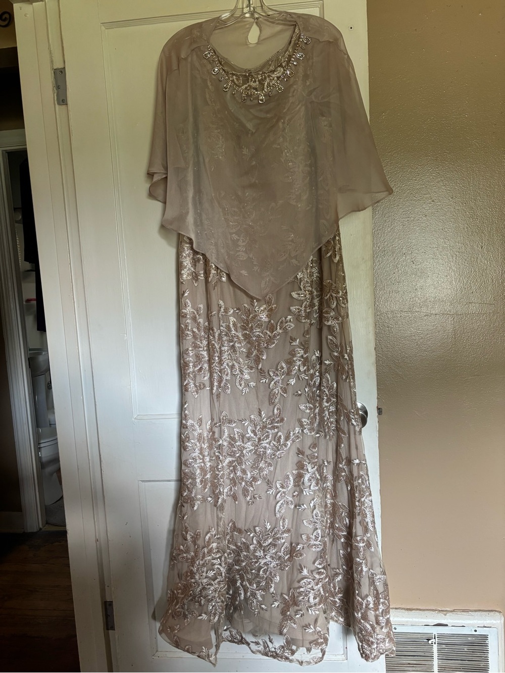 Embellished Taupe Evening Dress with Capelet